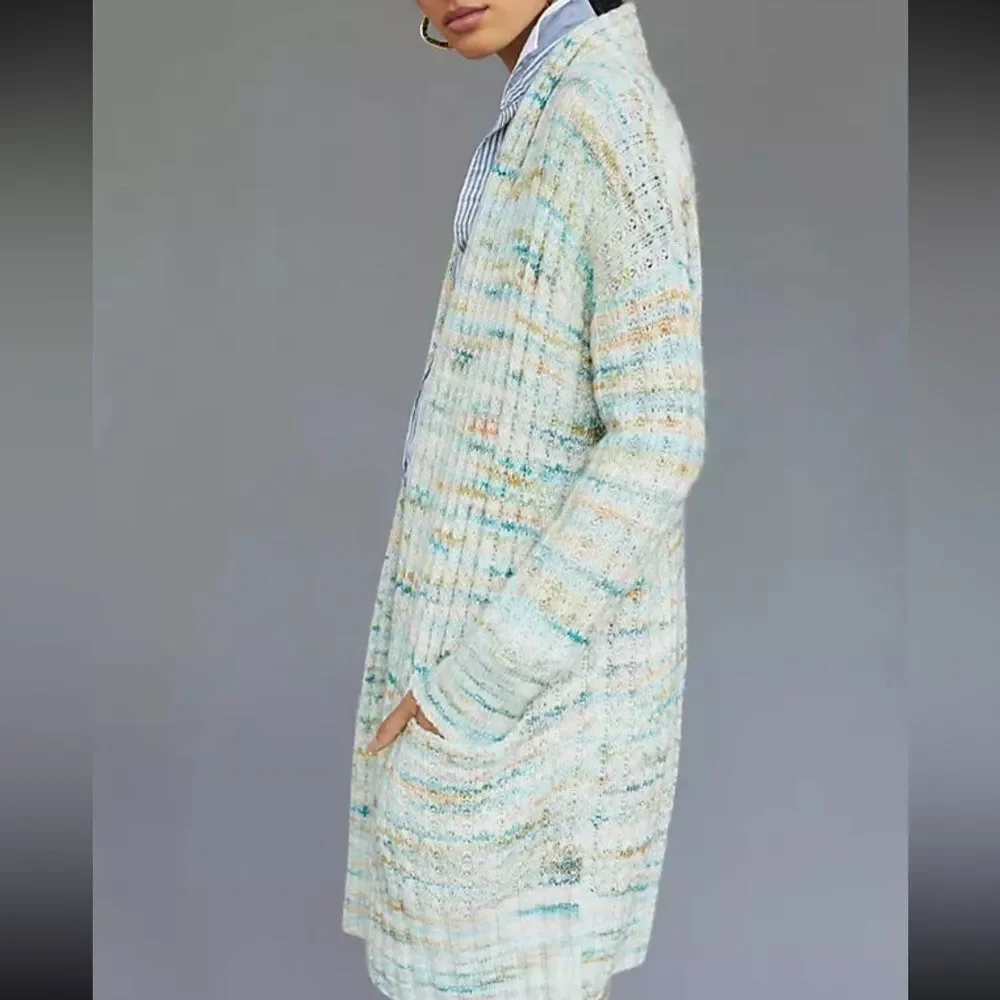 Anthropologie Space Dyed Longline Boho Cardigan Blue Green SZ M